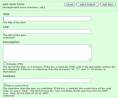 Form with Title, Link, Description, PubDate